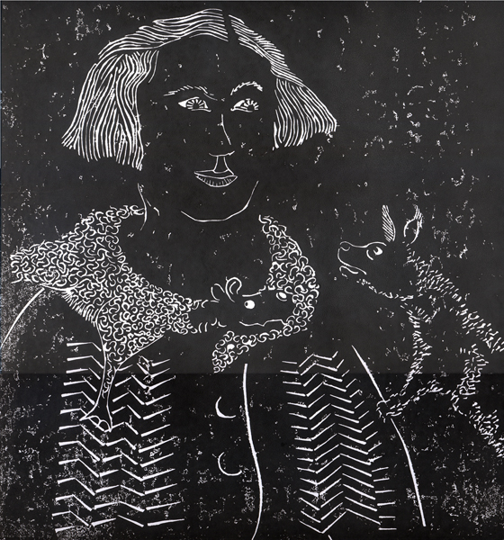Frau mit Pelzkragen und Hund 2012, Linoldruck
