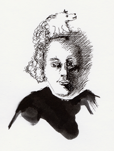 Frau mit Hund im Haar, 2002 10x15cm, Kugelschreiber und Tusche, A6
