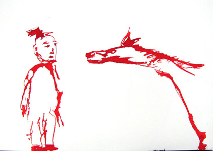 Mann mit Pferd 2011 Zeichnungrote Tinte